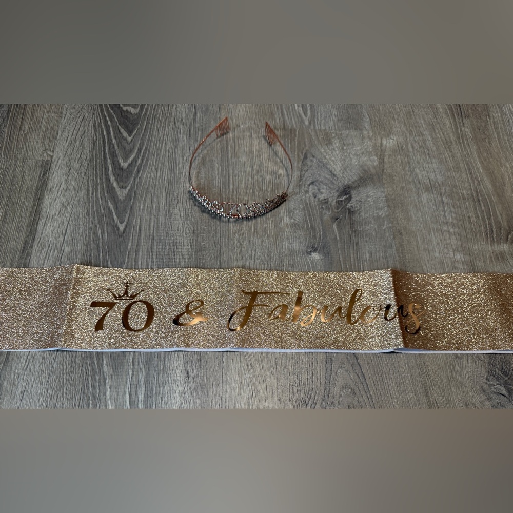 70th Birthday Rose Gold Glitter Tiara and Sash Set